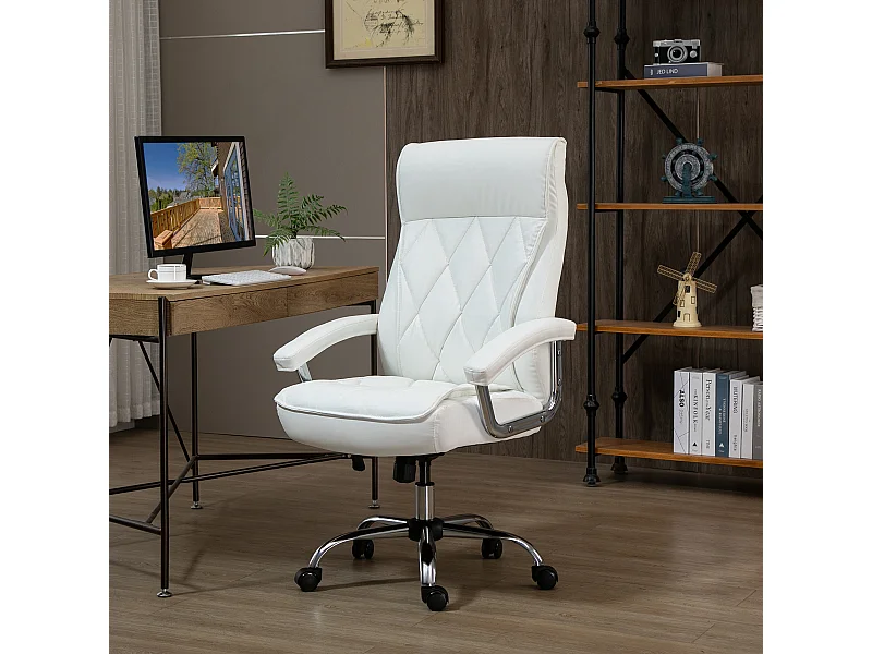 Silla de oficina ergonómica de piel sintética con inclinación y altura ajustable, color blanco