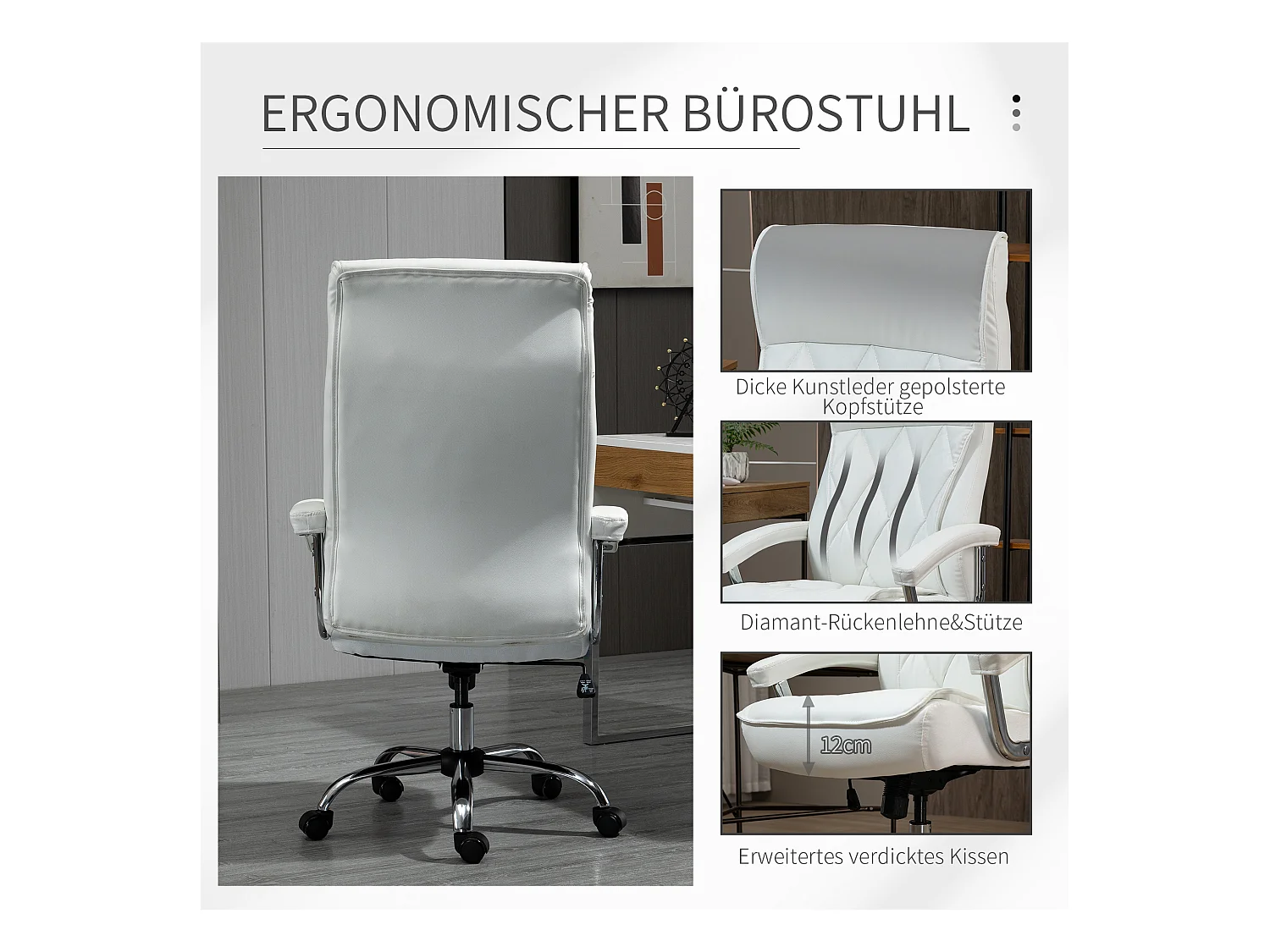 Silla de oficina ergonómica de piel sintética con inclinación y altura ajustable, color blanco