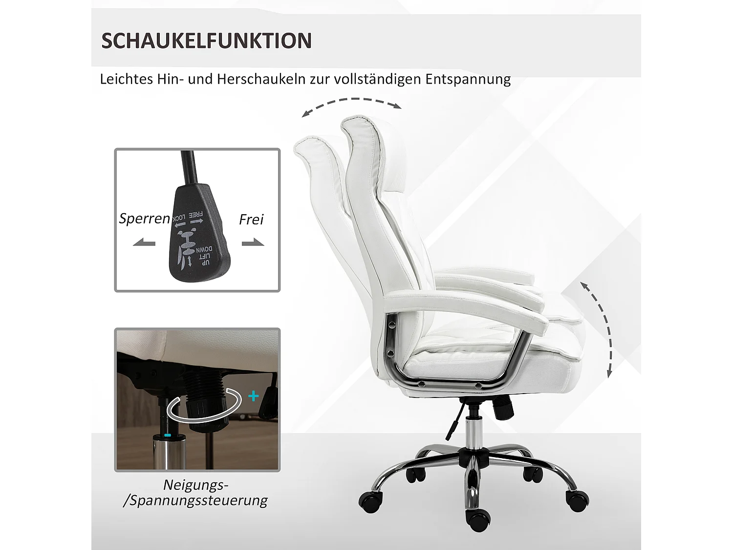 Fauteuil de bureau ergonomique en simili cuir avec inclinaison, réglable en hauteur, blanc