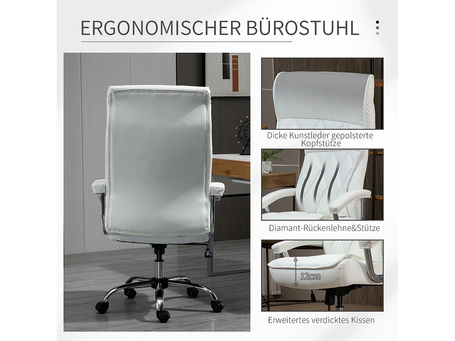 Fauteuil de bureau ergonomique en simili cuir avec inclinaison, réglable en hauteur, blanc