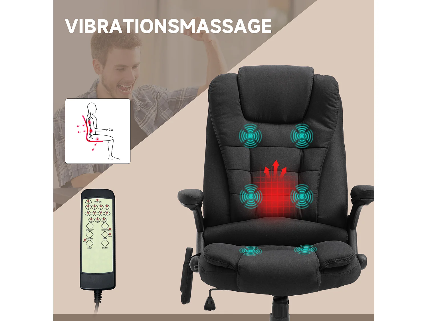 Fauteuil de bureau gaming ergonomique avec massage et chauffage noir 67x74x116-126cm