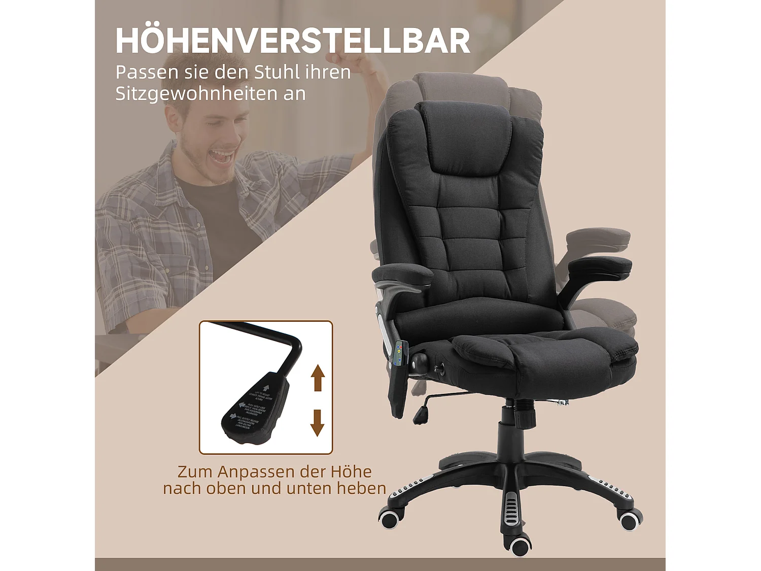 Fauteuil de bureau gaming ergonomique avec massage et chauffage noir 67x74x116-126cm