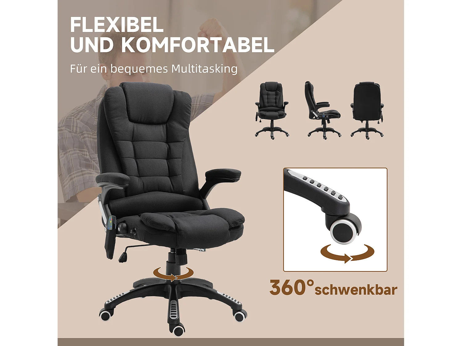 Fauteuil de bureau gaming ergonomique avec massage et chauffage noir 67x74x116-126cm