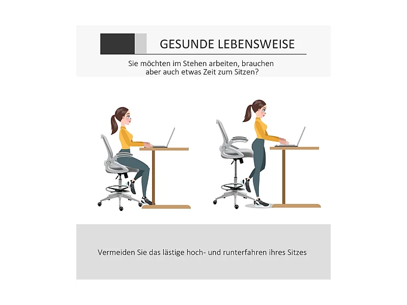 Silla de oficina ergonómica con reposabrazos abatibles, respaldo de malla y reposapiés ajustable en gris claro.