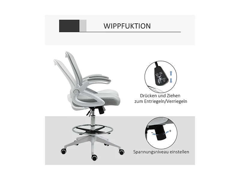 Silla de oficina ergonómica con reposabrazos abatibles, respaldo de malla y reposapiés ajustable en gris claro.