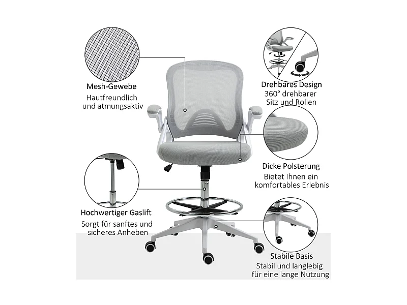 Silla de oficina ergonómica con reposabrazos abatibles, respaldo de malla y reposapiés ajustable en gris claro.