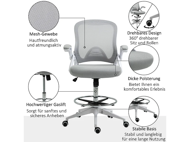 Sedia da ufficio ergonomica con comodini relevables, dossier in maglia e poggiapiedi regolabili grigio chiaro