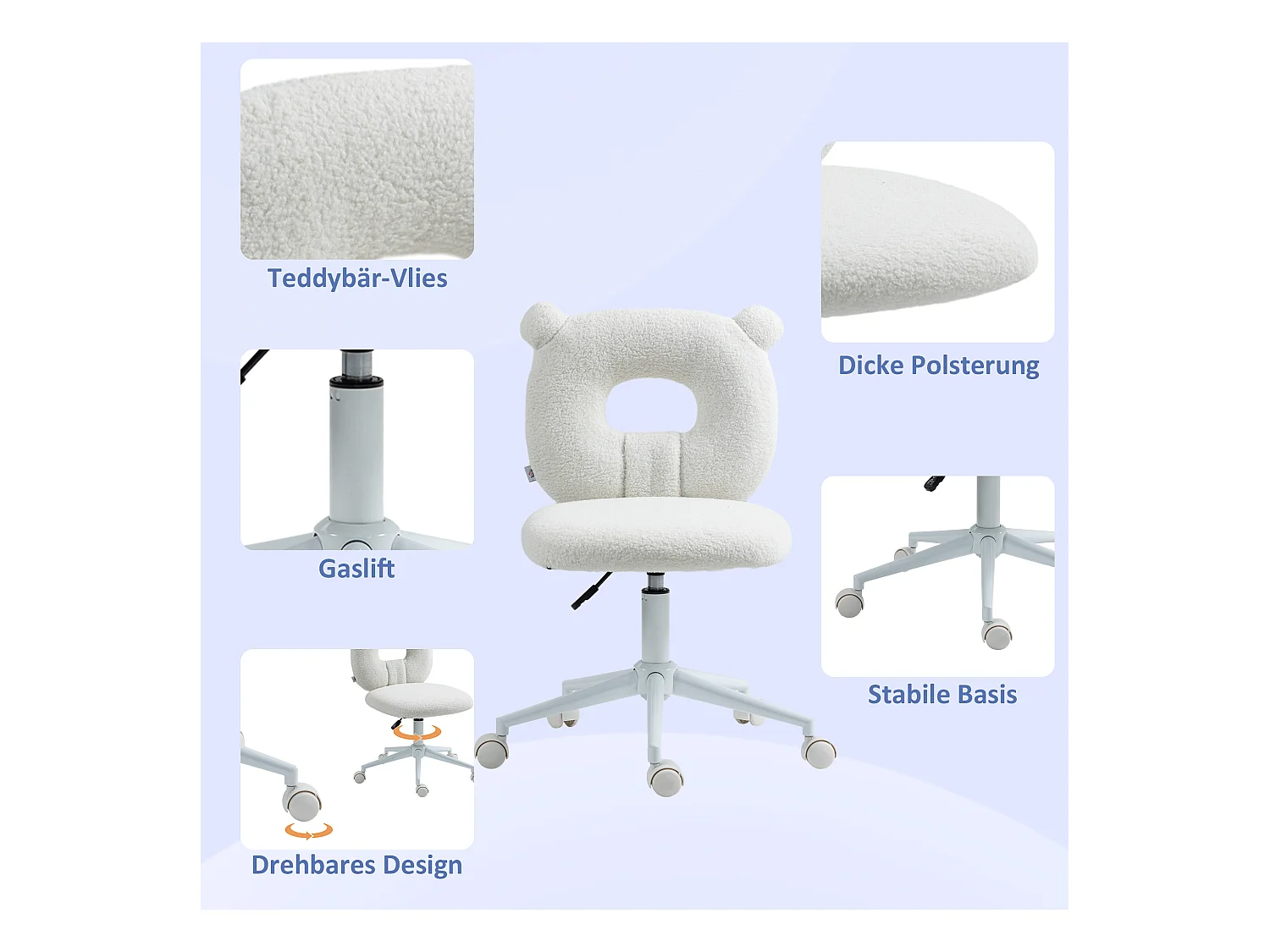 Chaise longue per bambini regolabile in alta qualità Teddy-Fleece senza sedie da ufficio bianche