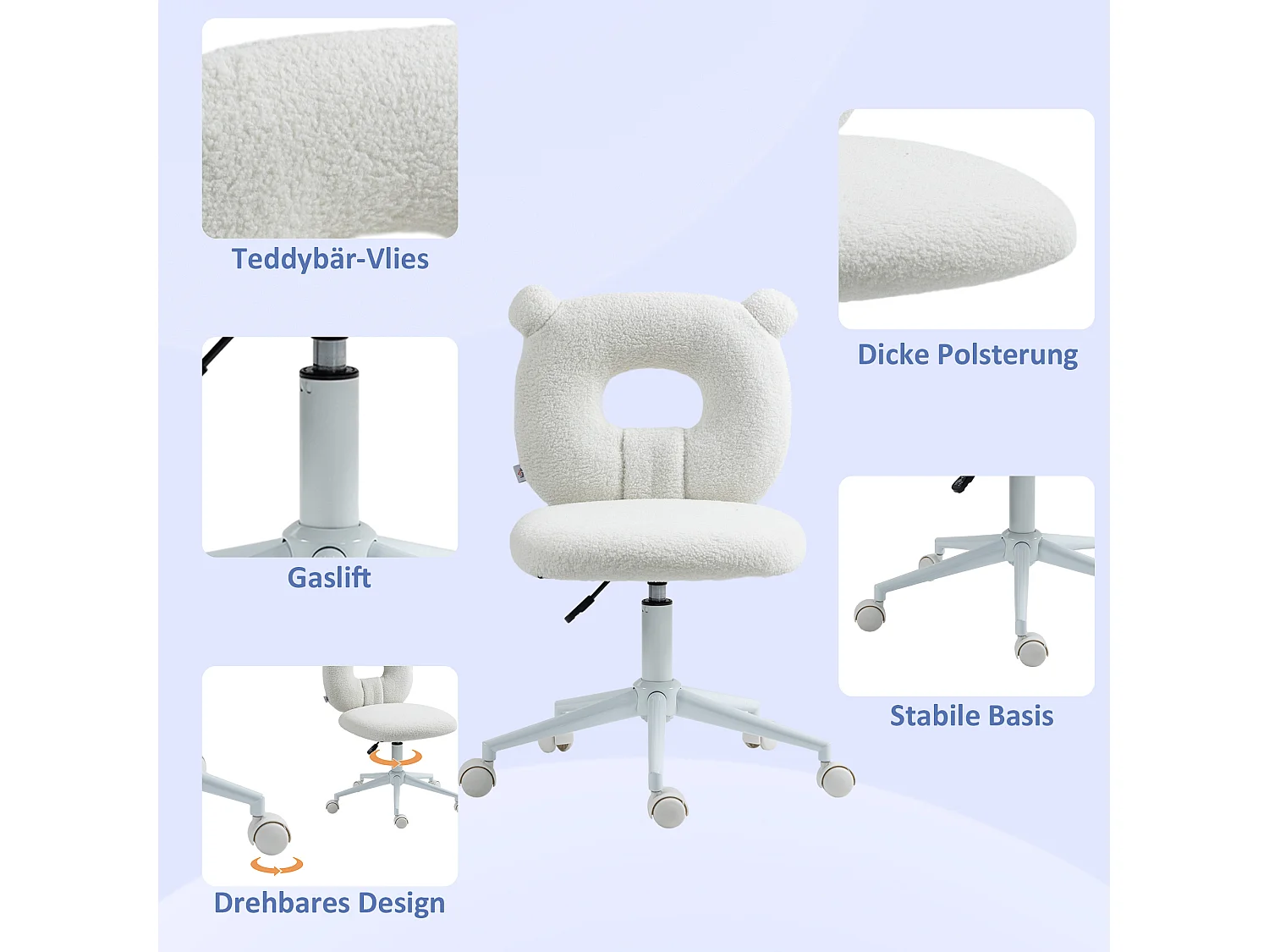 Chaise enfant réglable en hauteur Teddy-Fleece sans accoudoirs bureau blanc