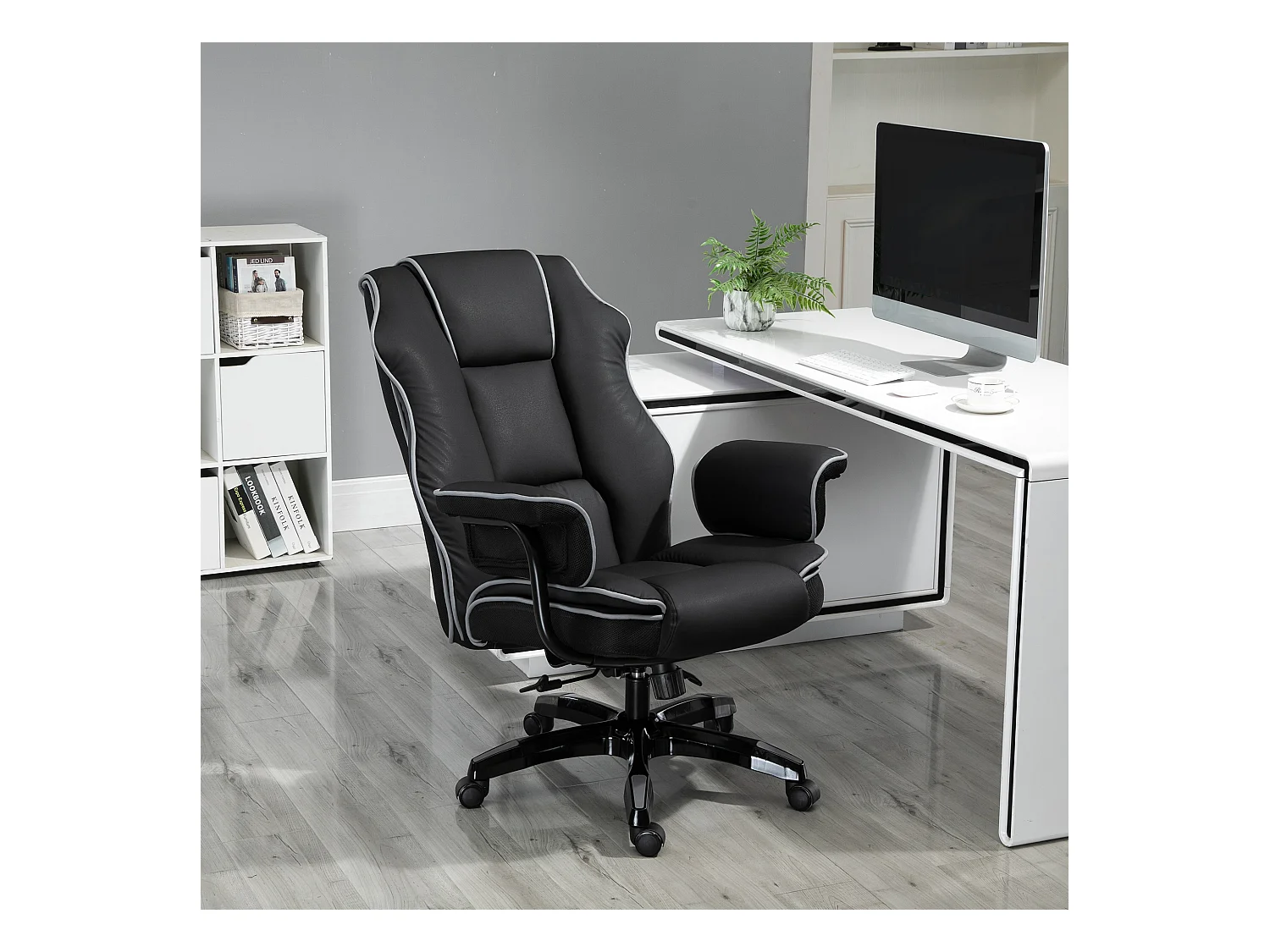 Silla de oficina ergonómica en piel sintética con reposabrazos, regulable, color negro, 76x80x118-124 cm