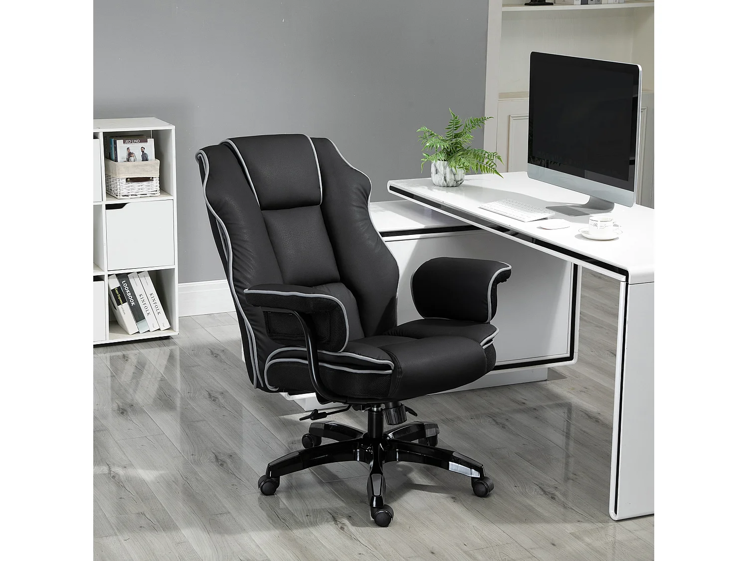 Cadeira de escritório ergonômica em couro sintético com braços, ajustável, preta, 76x80x118-124 cm