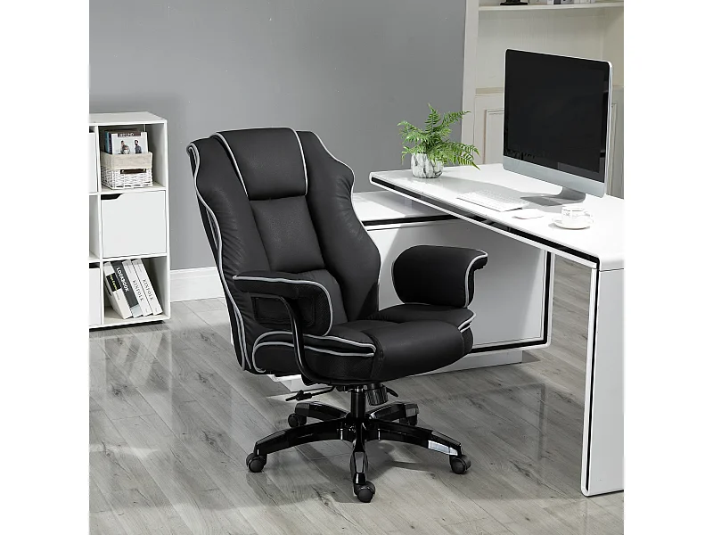 Cadeira de escritório ergonômica em couro sintético com braços, ajustável, preta, 76x80x118-124 cm