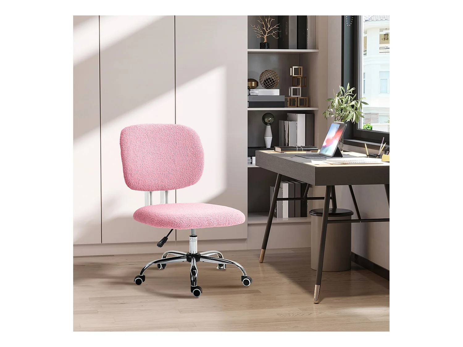 Chaise de desk ergonomica senza cuscini in velluto pivotante regolabile rosa 48x53x80-90cm