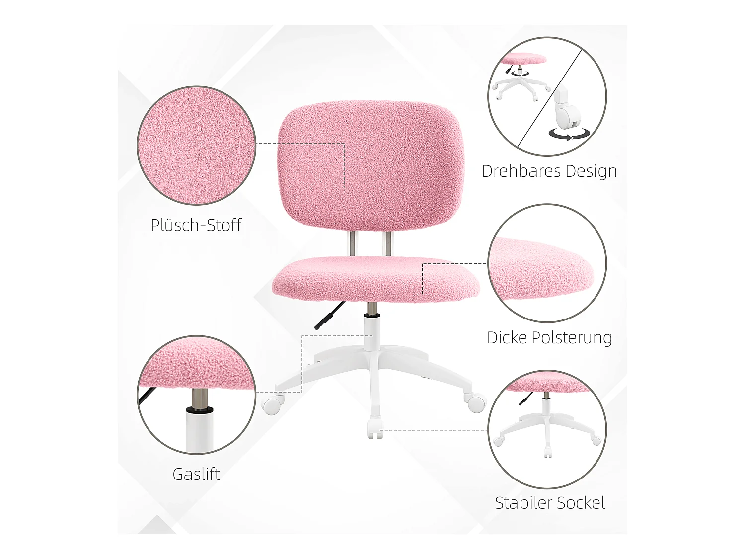 Chaise de desk ergonomica senza cuscini in velluto pivotante regolabile rosa 48x53x80-90cm