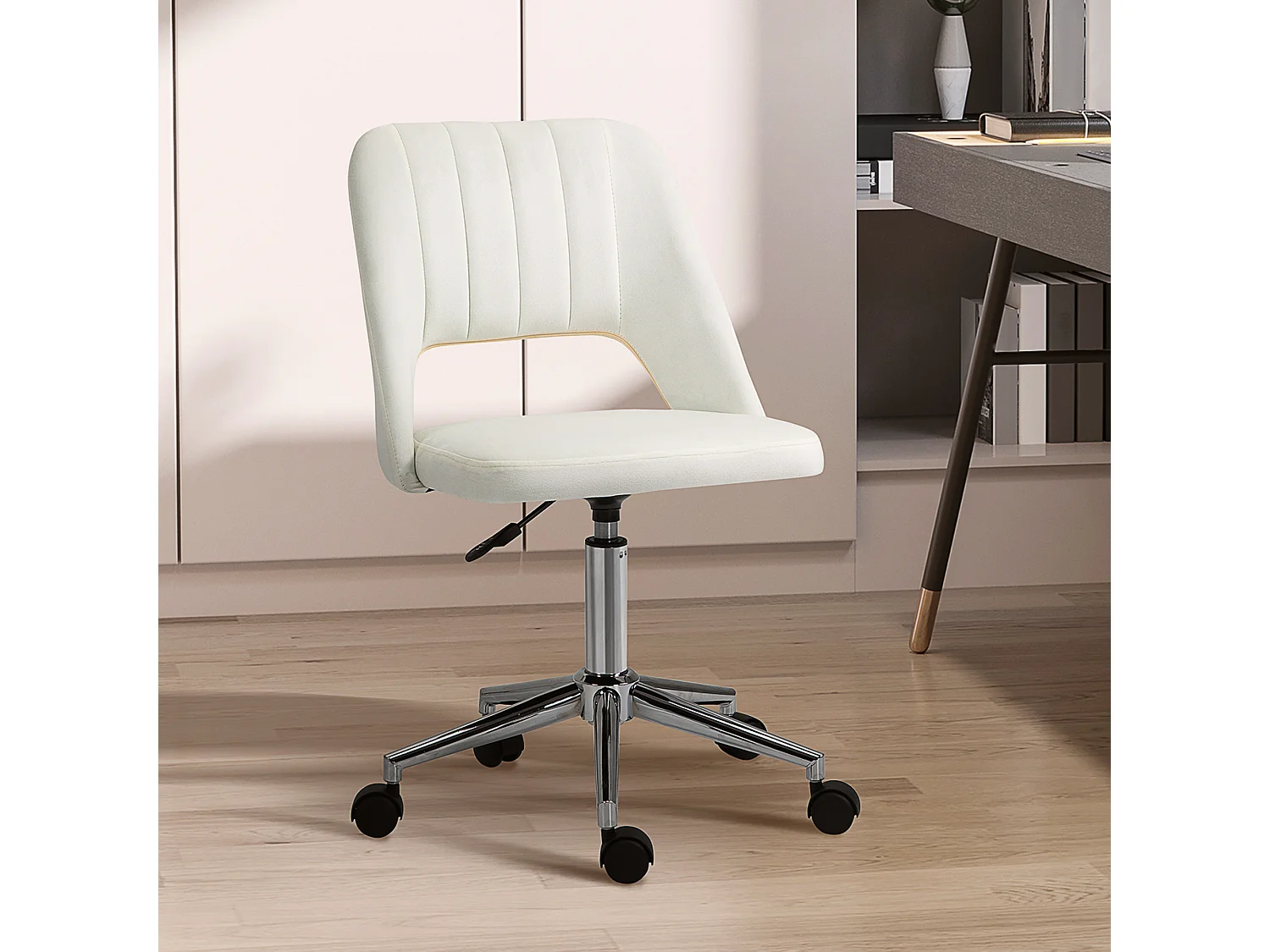 Cadeira de escritório ergonômica giratória em tecido ajustável bege 49x60x79-91cm sala de estar e escritório