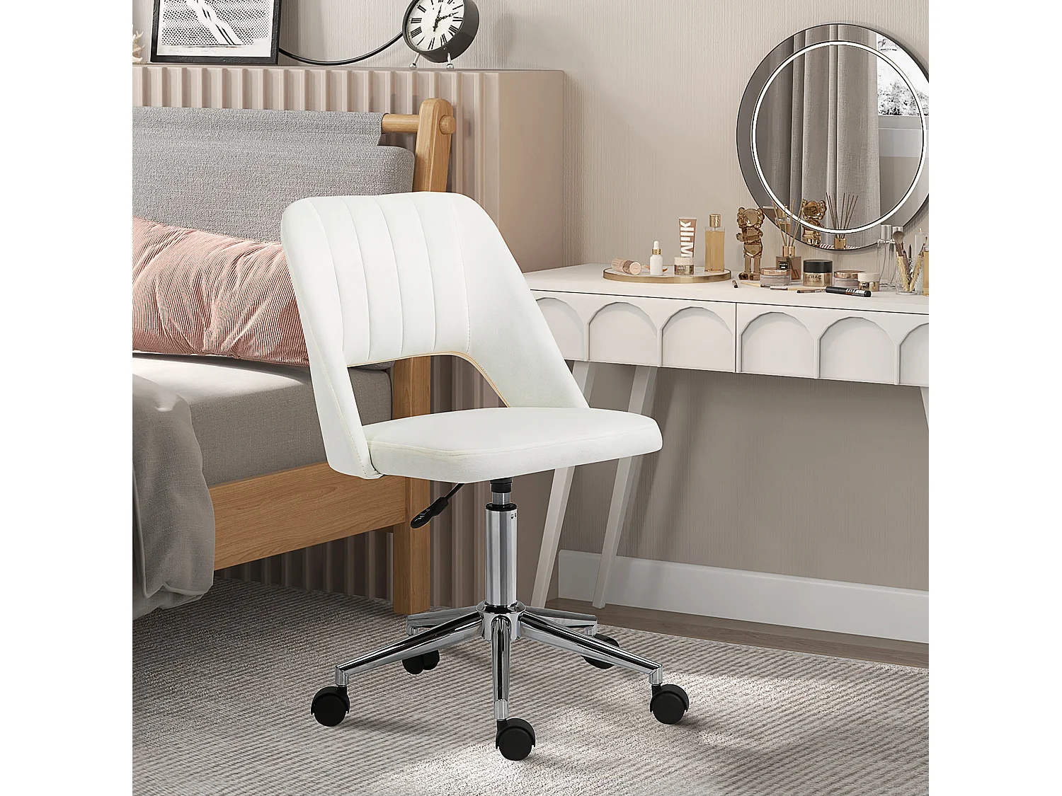 Cadeira de escritório ergonômica giratória em tecido ajustável bege 49x60x79-91cm sala de estar e escritório