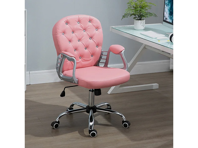 Silla de oficina ergonómica PU rosa con respaldo acolchado silla ejecutiva 59,5x60,5x95-105cm