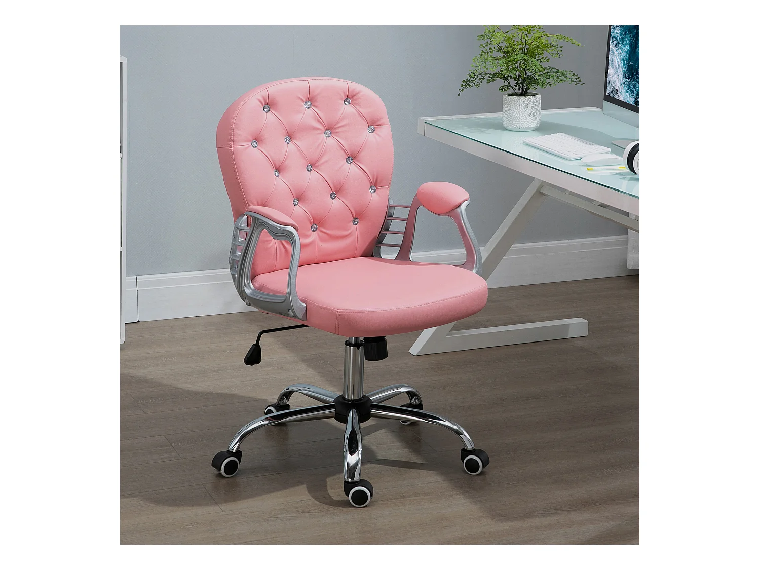Silla de oficina ergonómica PU rosa con respaldo acolchado silla ejecutiva 59,5x60,5x95-105cm