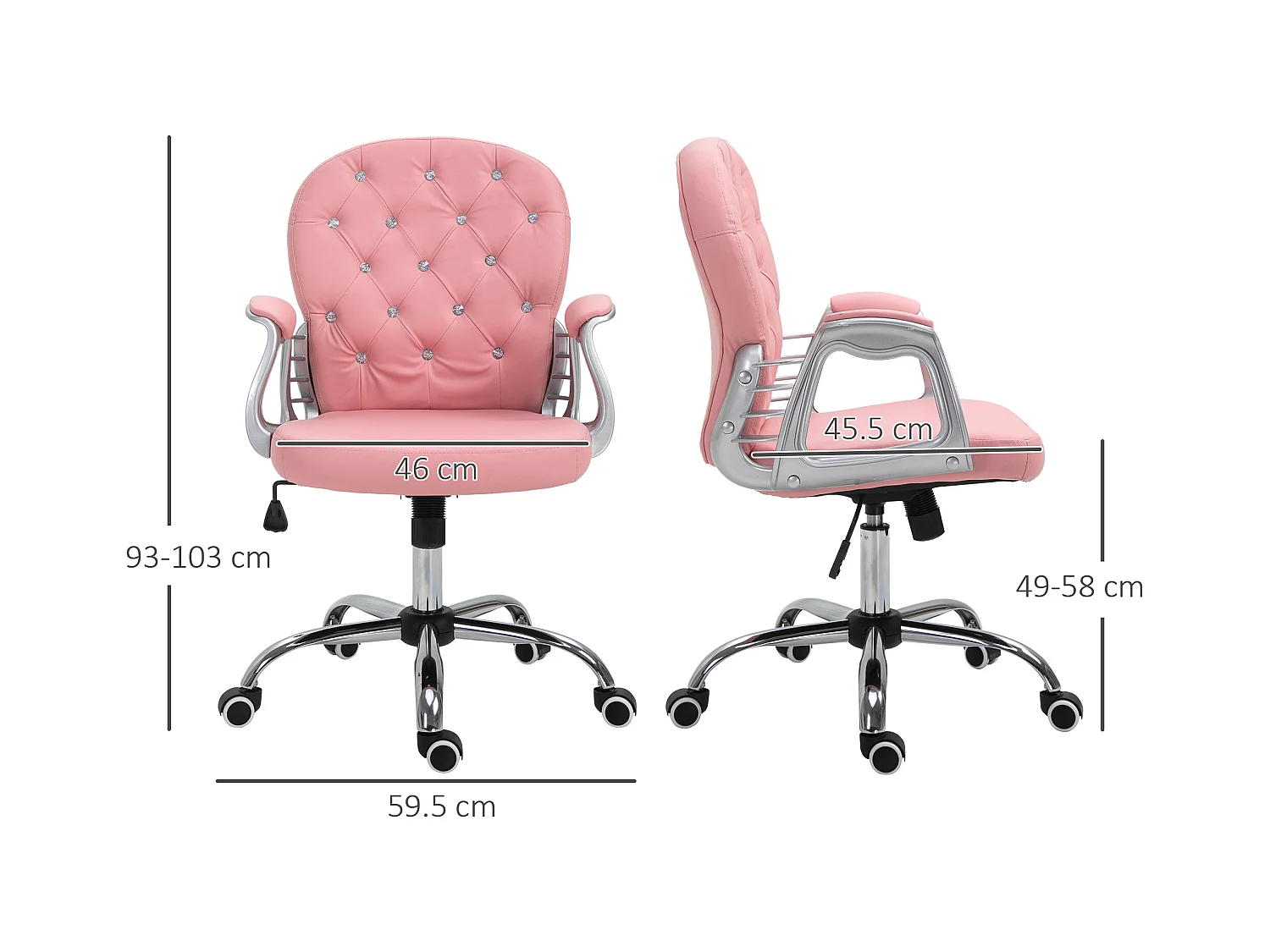 Silla de oficina ergonómica PU rosa con respaldo acolchado silla ejecutiva 59,5x60,5x95-105cm