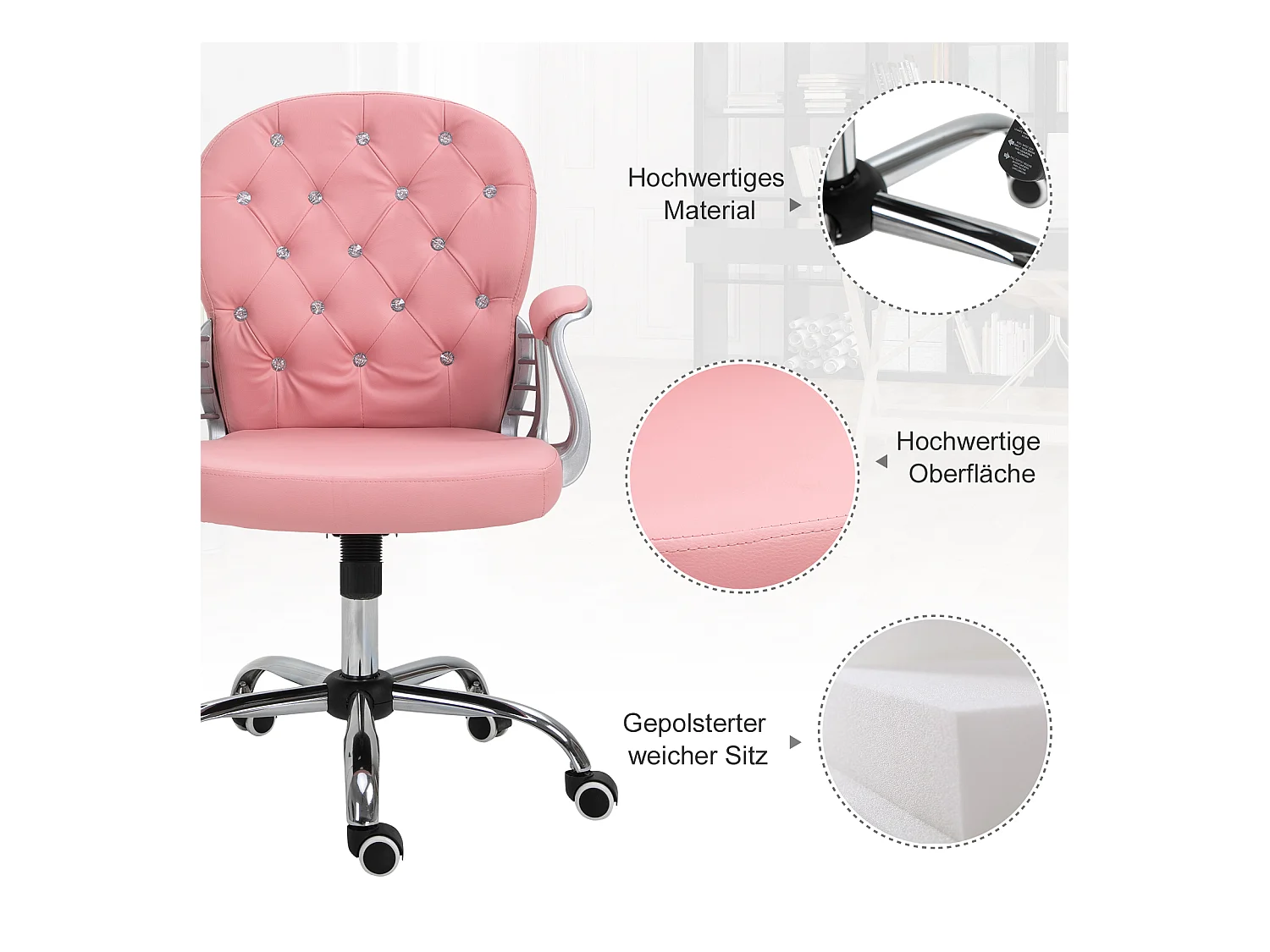 Silla de oficina ergonómica PU rosa con respaldo acolchado silla ejecutiva 59,5x60,5x95-105cm