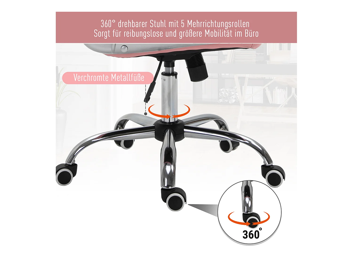 Silla de oficina ergonómica PU rosa con respaldo acolchado silla ejecutiva 59,5x60,5x95-105cm