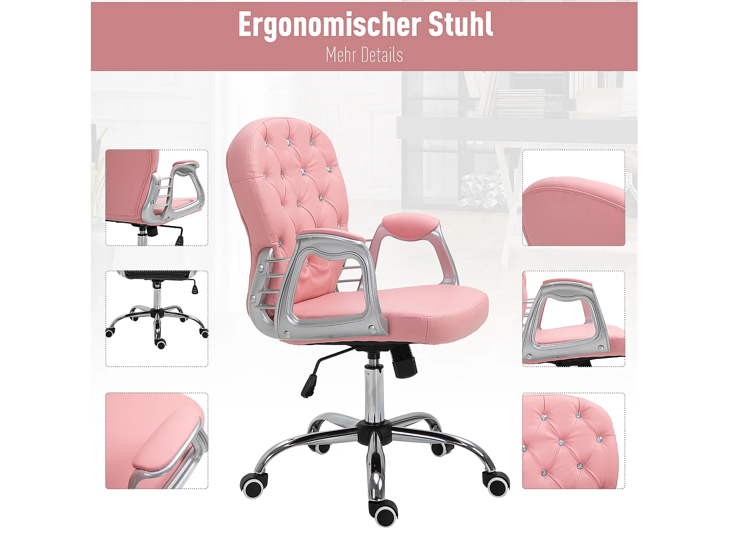 Silla de oficina ergonómica PU rosa con respaldo acolchado silla ejecutiva 59,5x60,5x95-105cm