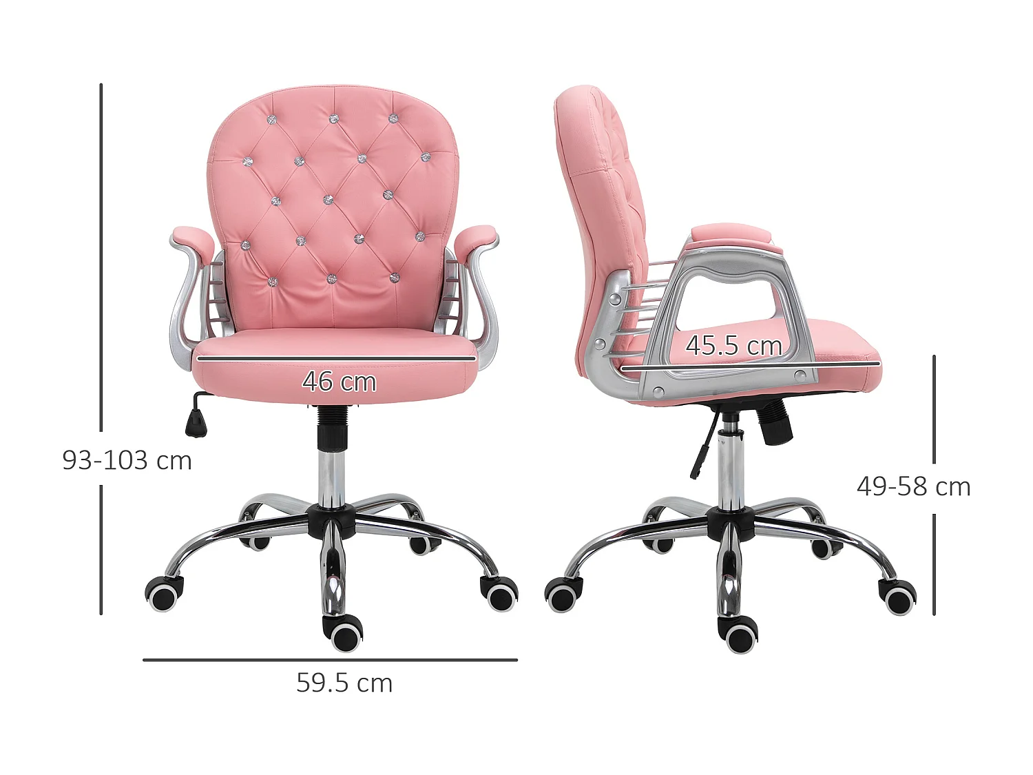 Chaise bureau ergonomique PU rose avec dossier rembourré fauteuil de direction 59,5x60,5x95-105cm