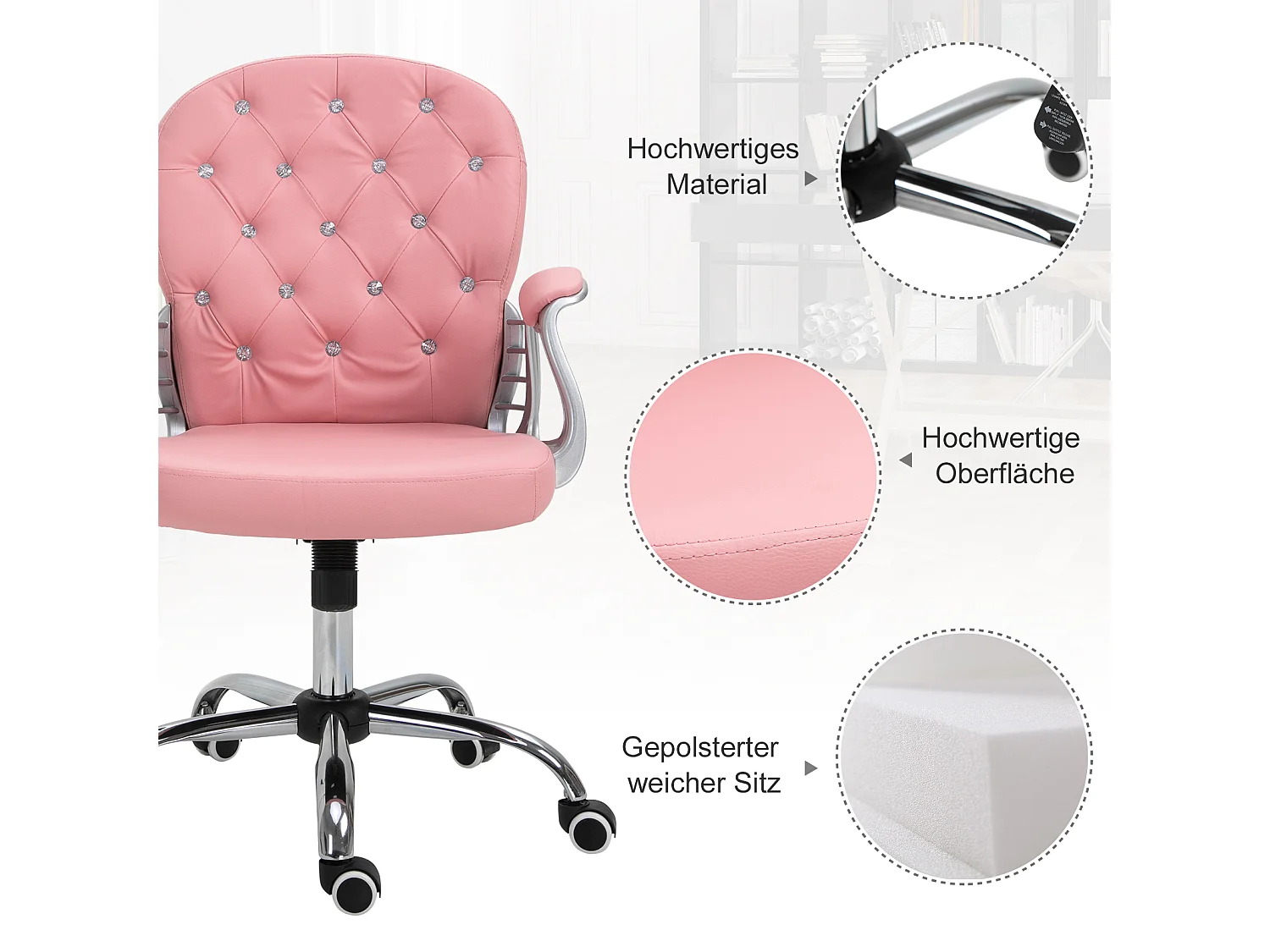 Chaise bureau ergonomique PU rose avec dossier rembourré fauteuil de direction 59,5x60,5x95-105cm