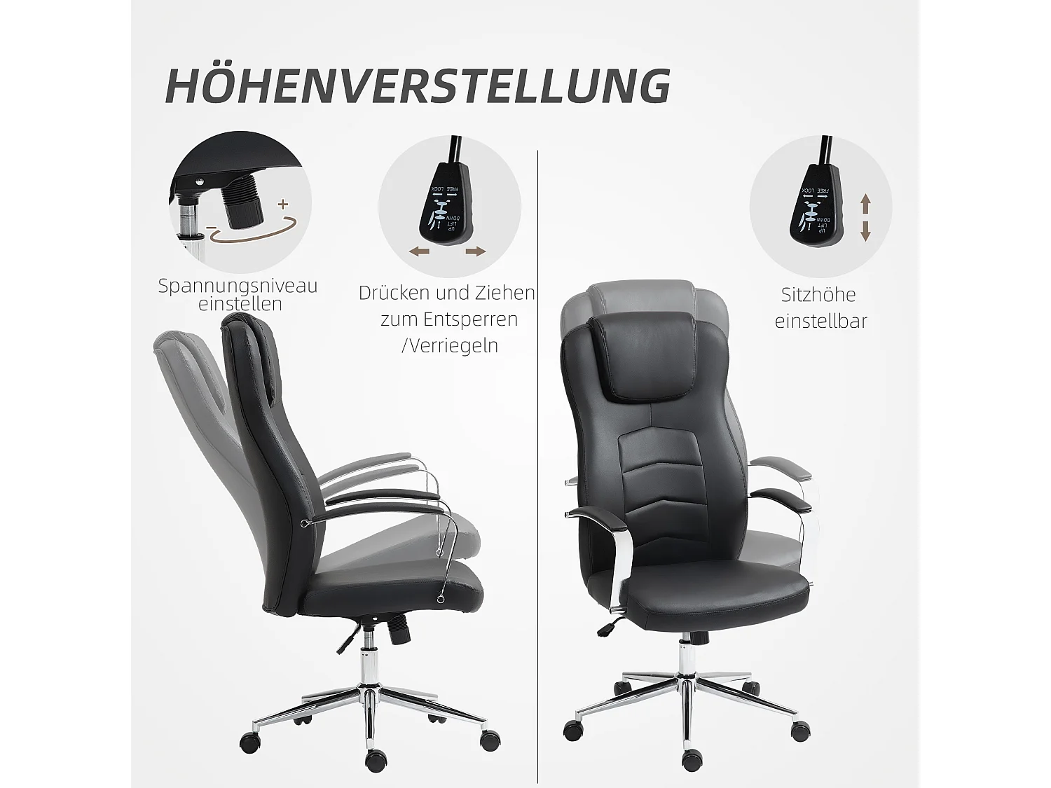 Silla de oficina ergonómica en piel sintética con función balancín y regulable, color negro.