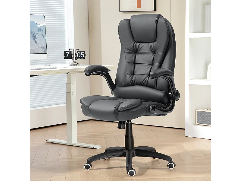 Silla de oficina ergonómica con reposabrazos elevables, inclinable, giratoria, piel sintética, color gris