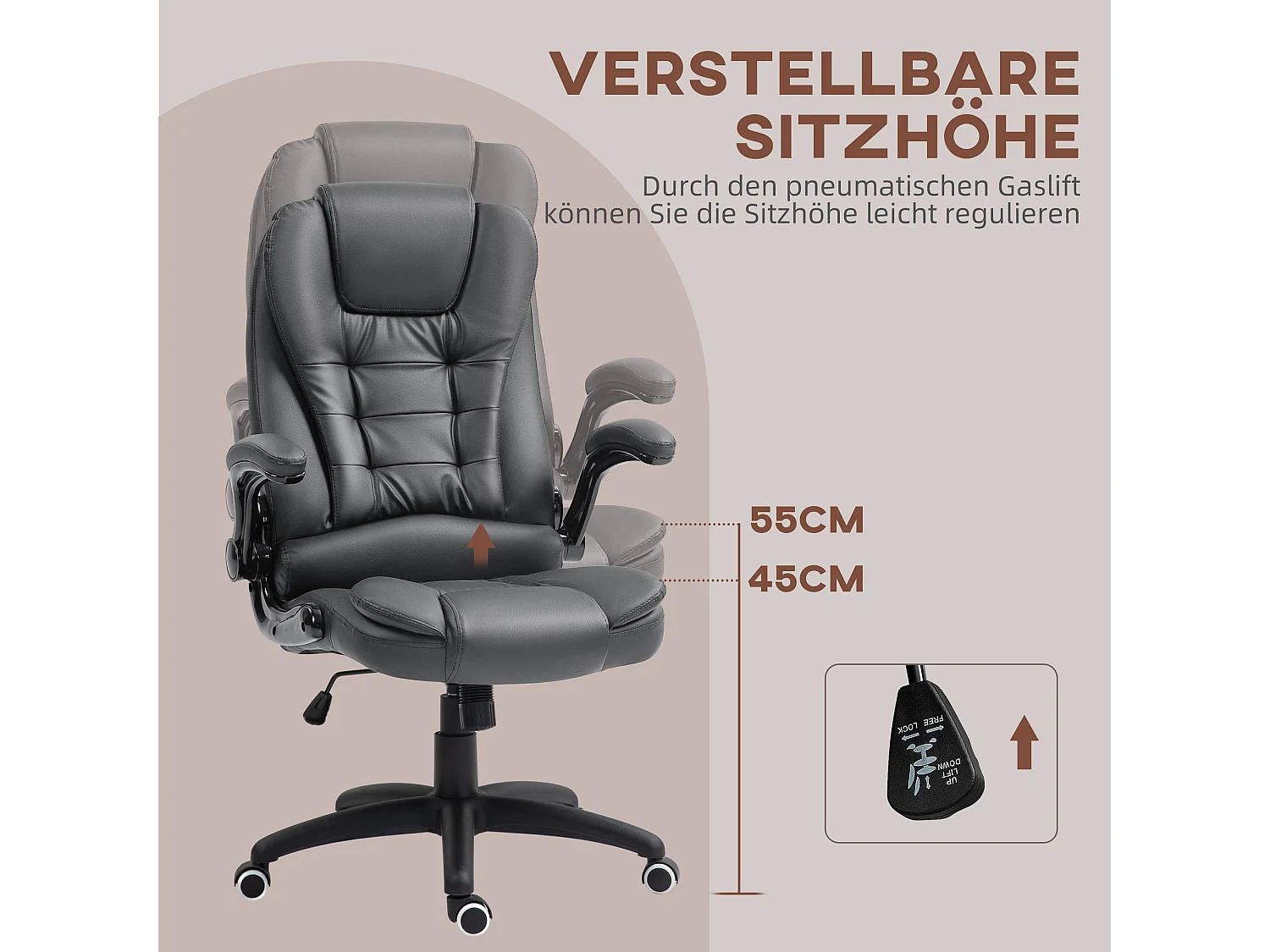Fauteuil de Bureau ergonomique avec accoudoirs relevables, inclinable, pivotant, cuir synthétique, gris