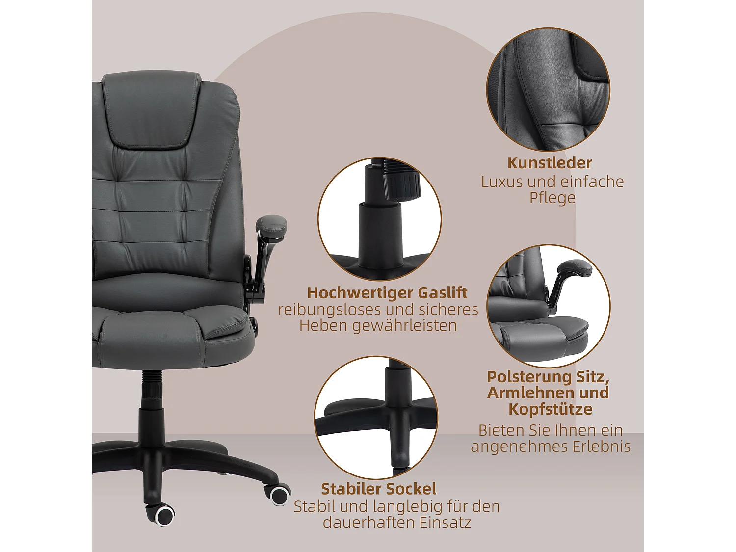 Fauteuil de Bureau ergonomique avec accoudoirs relevables, inclinable, pivotant, cuir synthétique, gris