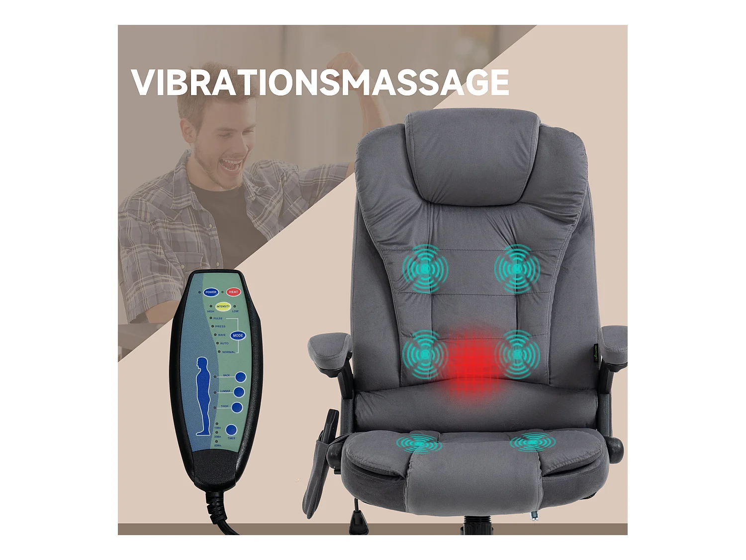 Chaise de Bureau massaggio ergonomica in velluto con chauffage regolabile grigio foncé 120 kg