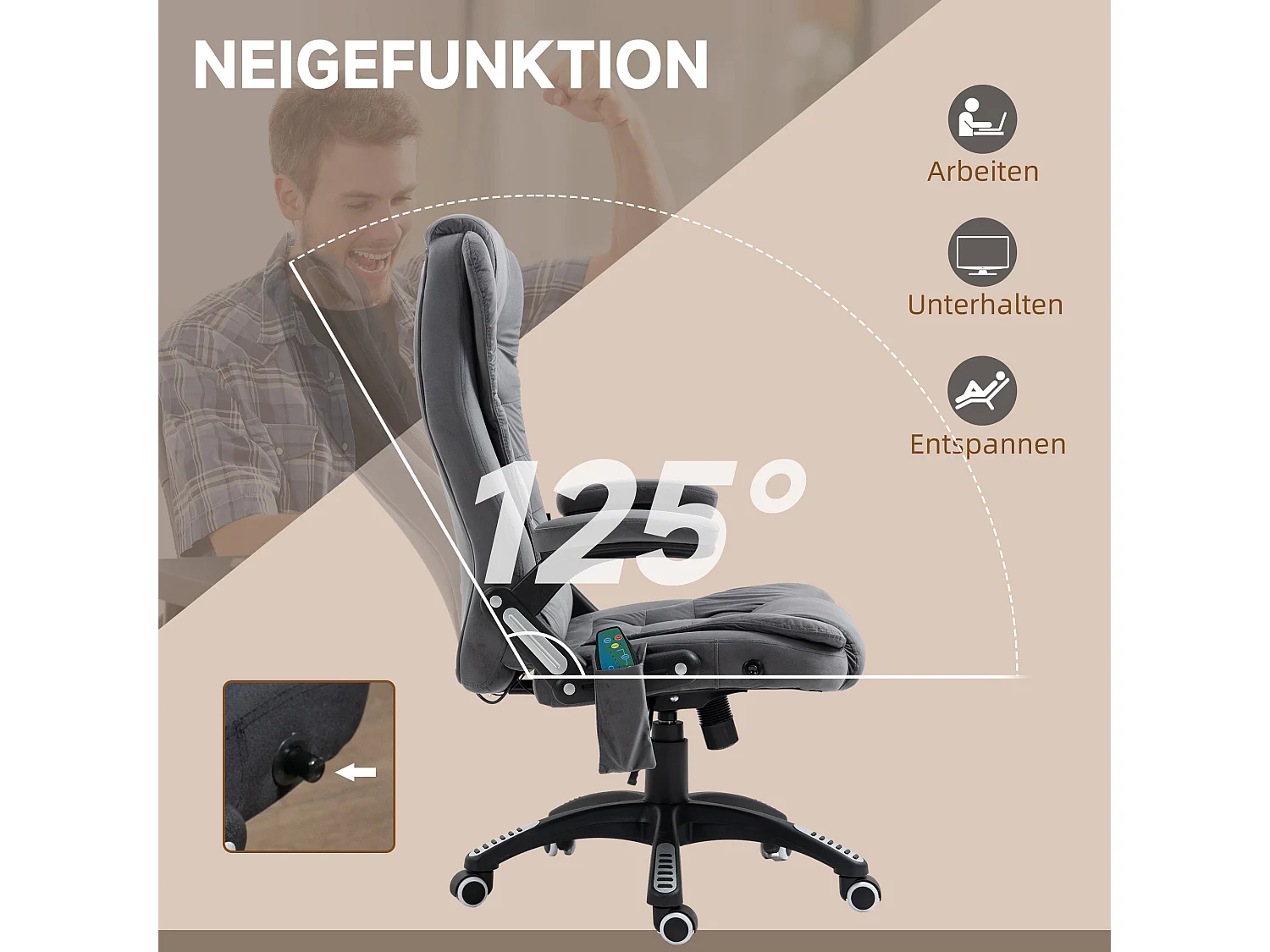 Chaise de Bureau massaggio ergonomica in velluto con chauffage regolabile grigio foncé 120 kg
