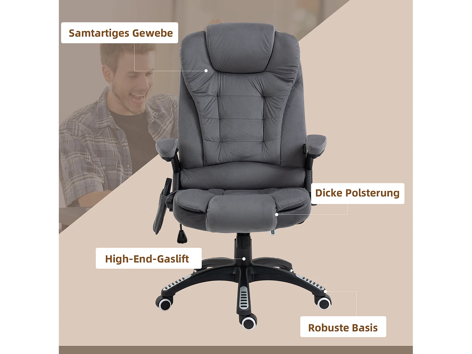 Chaise de Bureau massaggio ergonomica in velluto con chauffage regolabile grigio foncé 120 kg