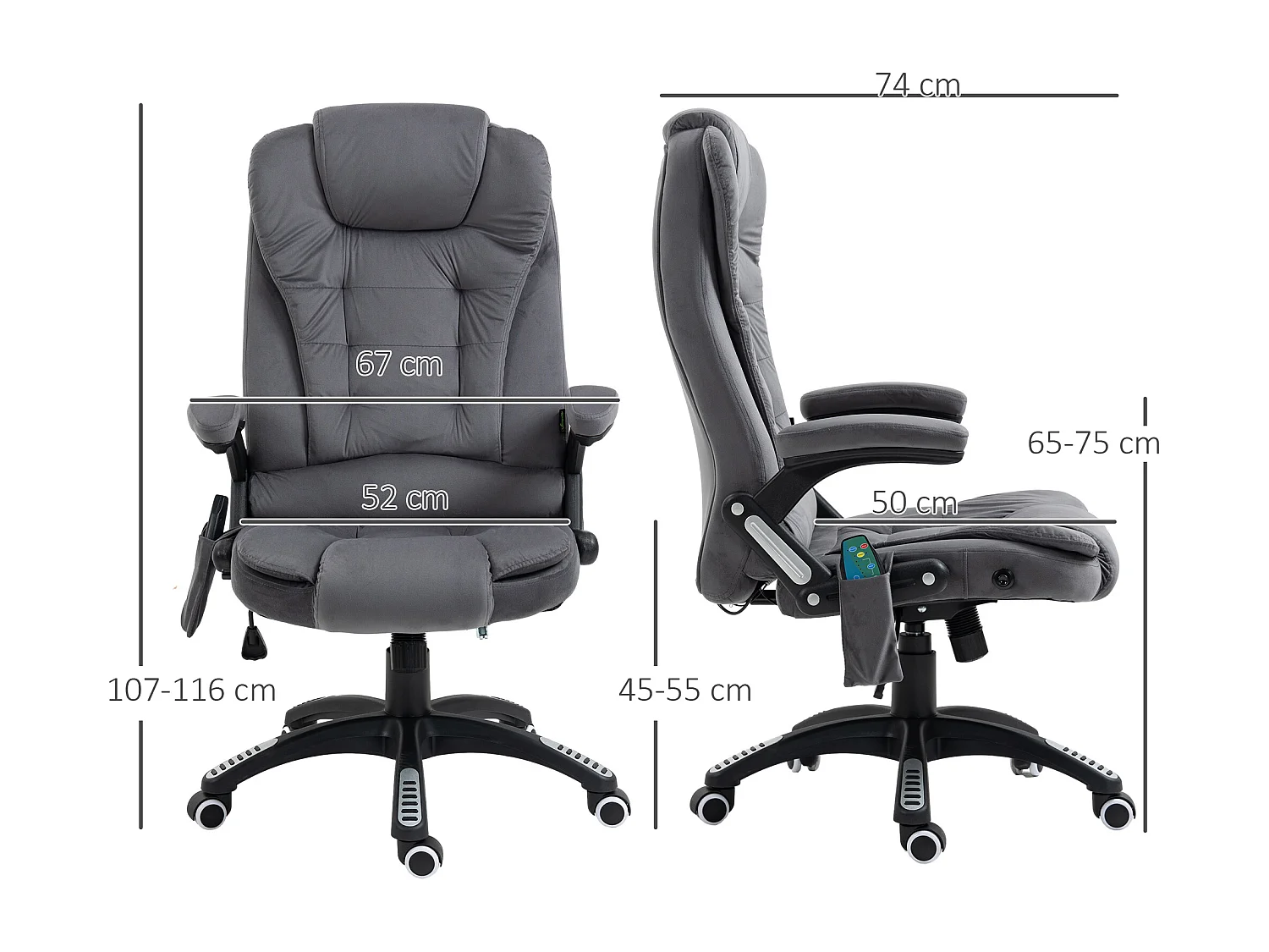 Chaise de bureau massage ergonomique velours avec chauffage réglable gris foncé 120kg