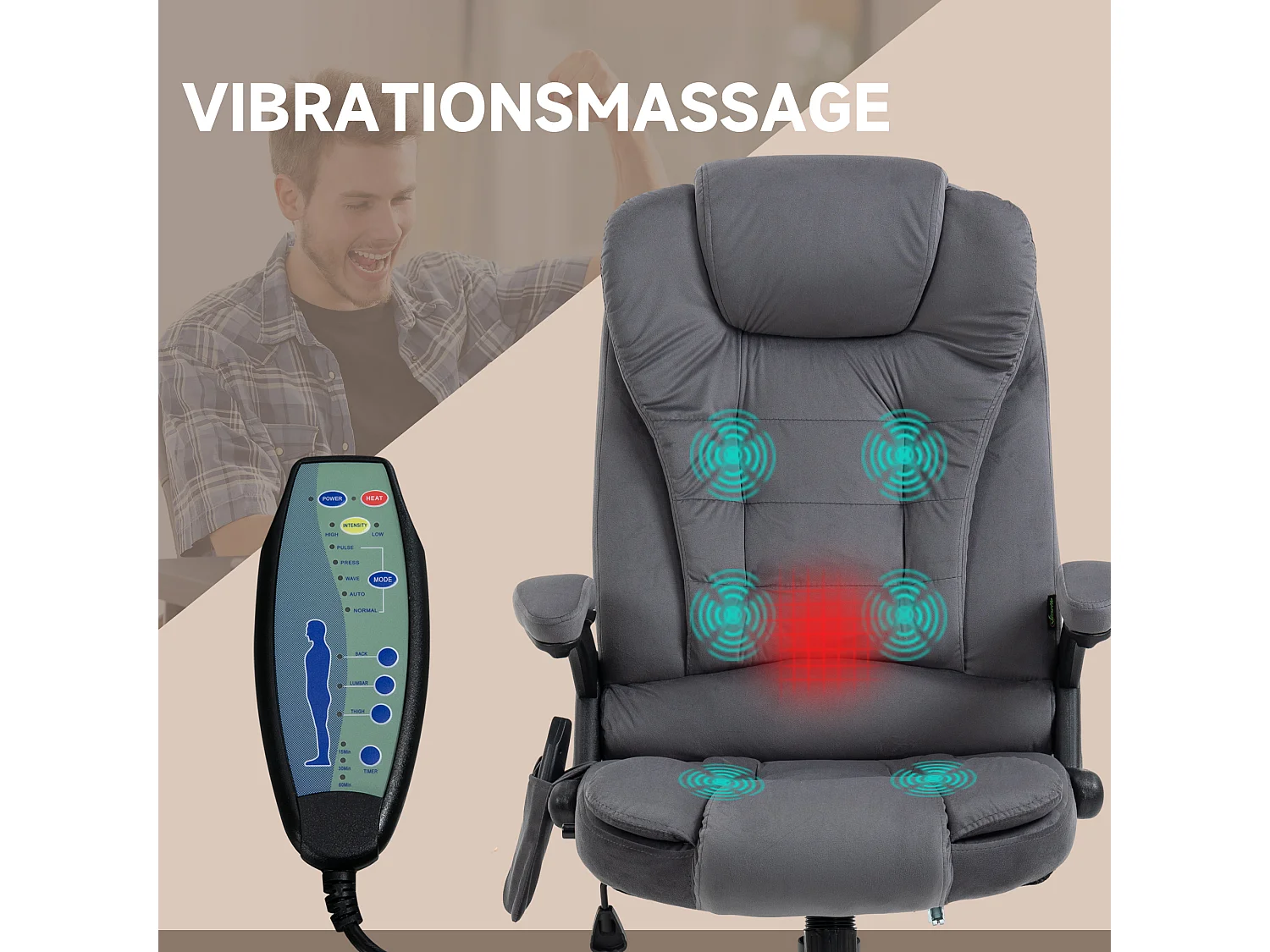 Chaise de bureau massage ergonomique velours avec chauffage réglable gris foncé 120kg