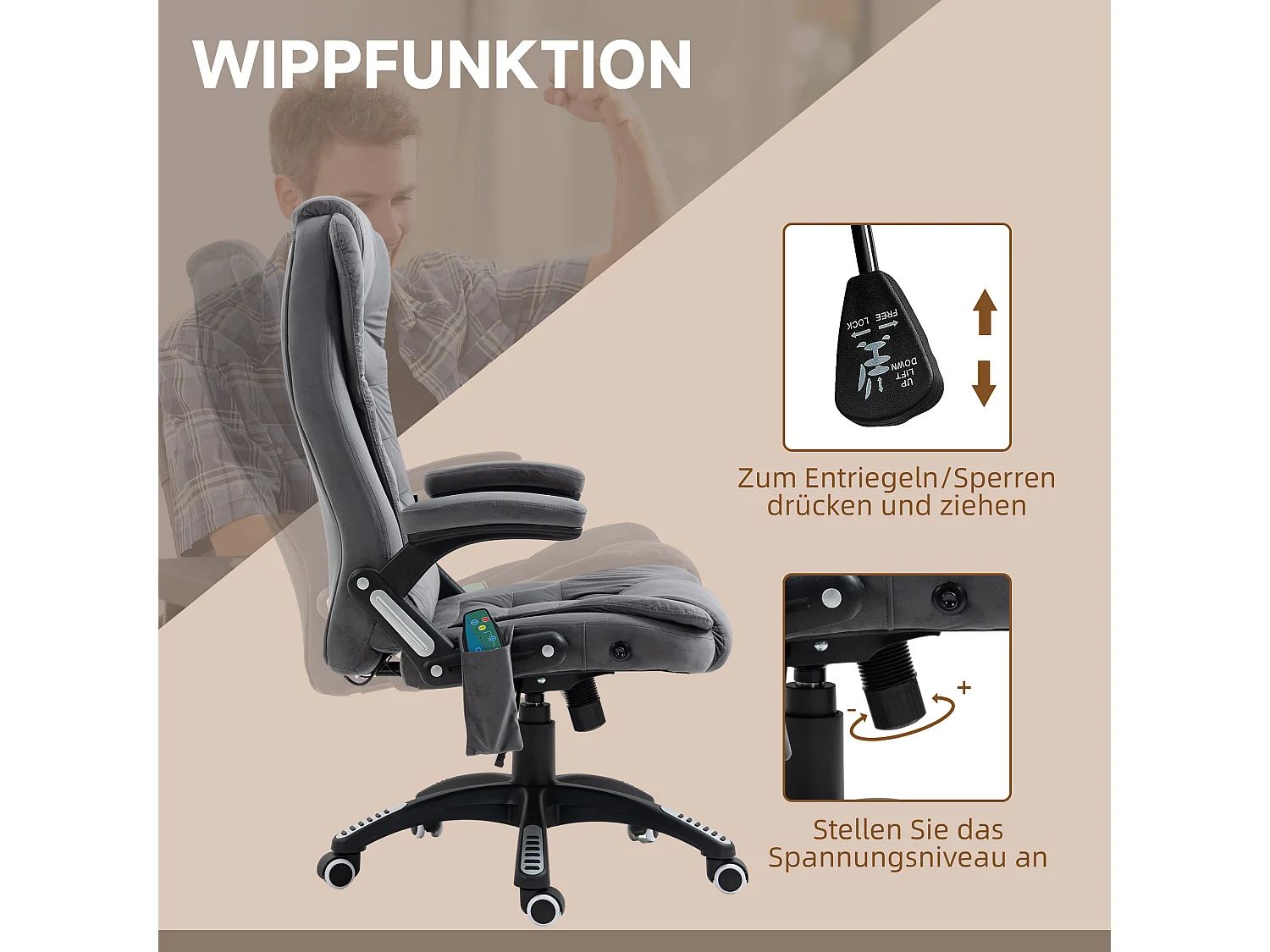 Chaise de bureau massage ergonomique velours avec chauffage réglable gris foncé 120kg