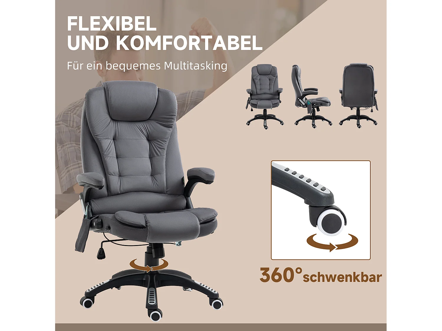 Chaise de bureau massage ergonomique velours avec chauffage réglable gris foncé 120kg