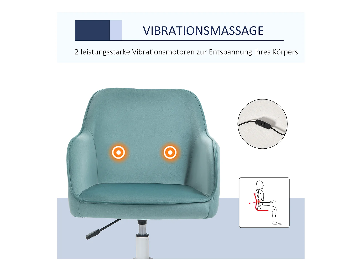 Poltrona da massaggio ergonomica in velluto verde con comodini e cuscino lombare