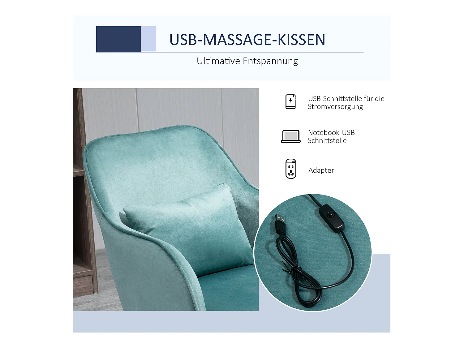 Poltrona da massaggio ergonomica in velluto verde con comodini e cuscino lombare