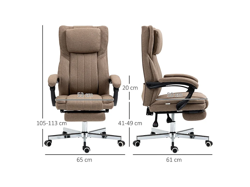 Chaise de Bureau ergonomica con massaggio 6 punti, dossier inclinabile, repose-pieds, lin brun