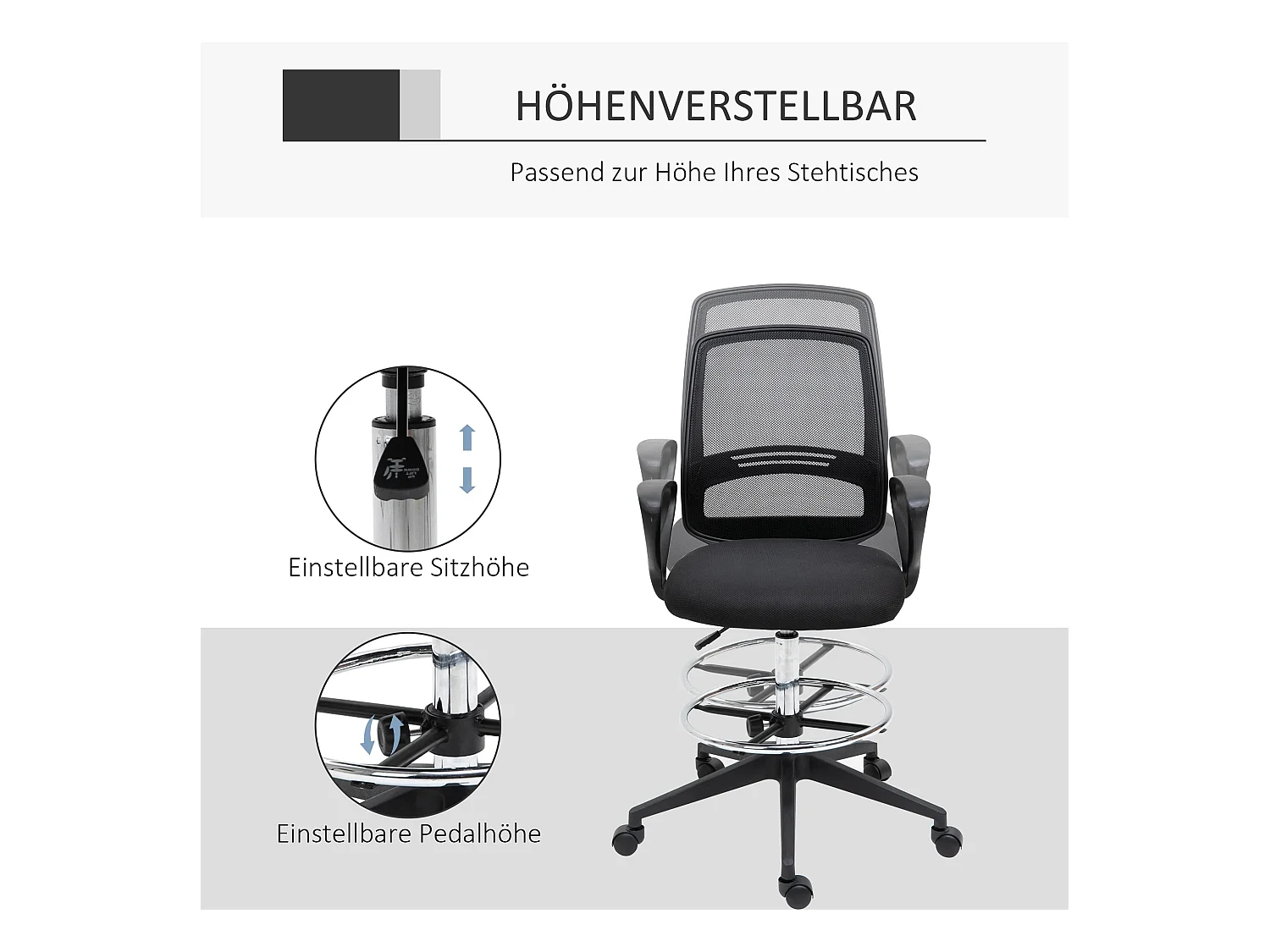 Chaise longue assis-debout ergonomica in metallo con poggiapiedi regolabile scrivania nera 59,5x60x102,5–126cm