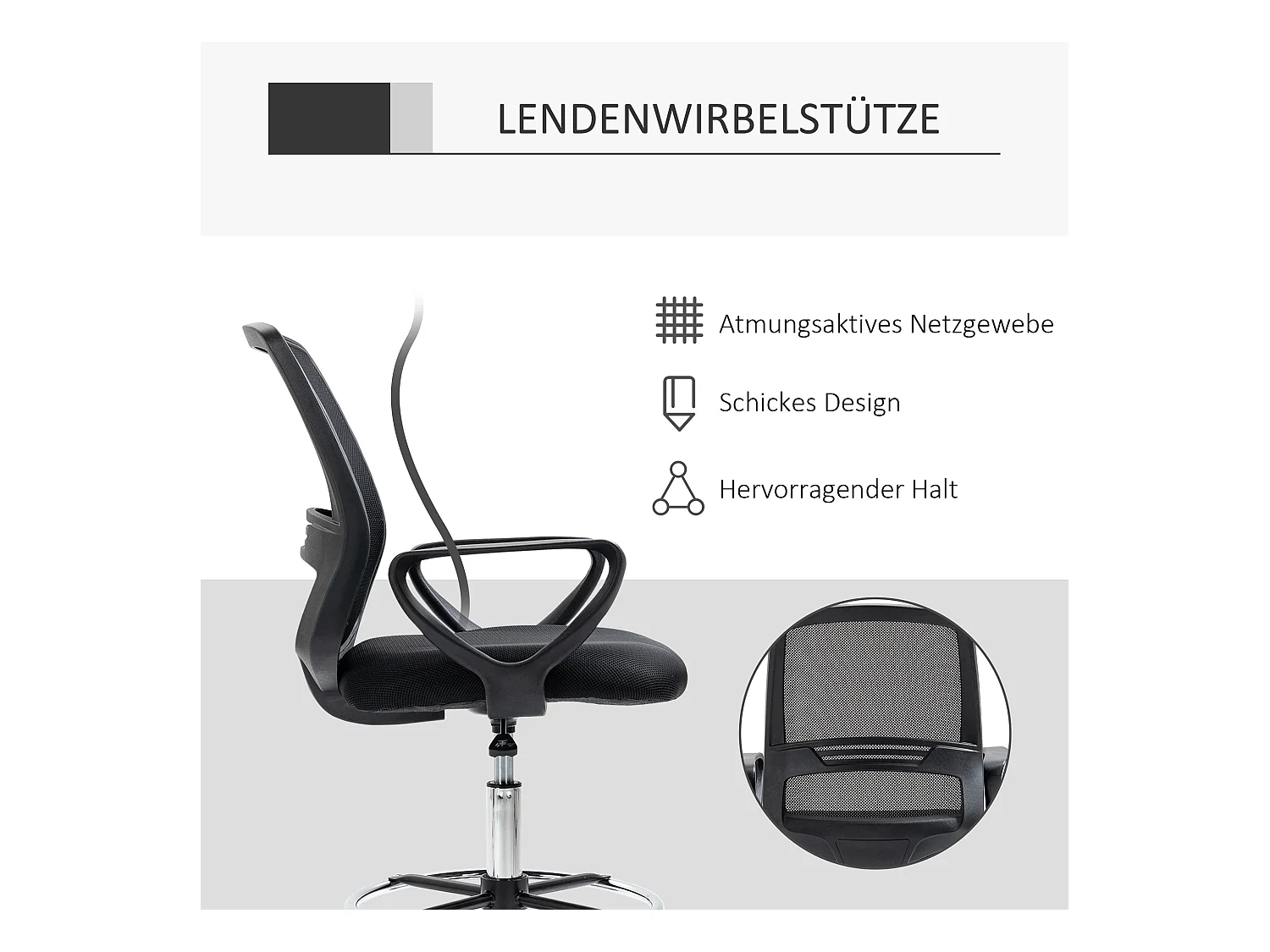 Chaise longue assis-debout ergonomica in metallo con poggiapiedi regolabile scrivania nera 59,5x60x102,5–126cm