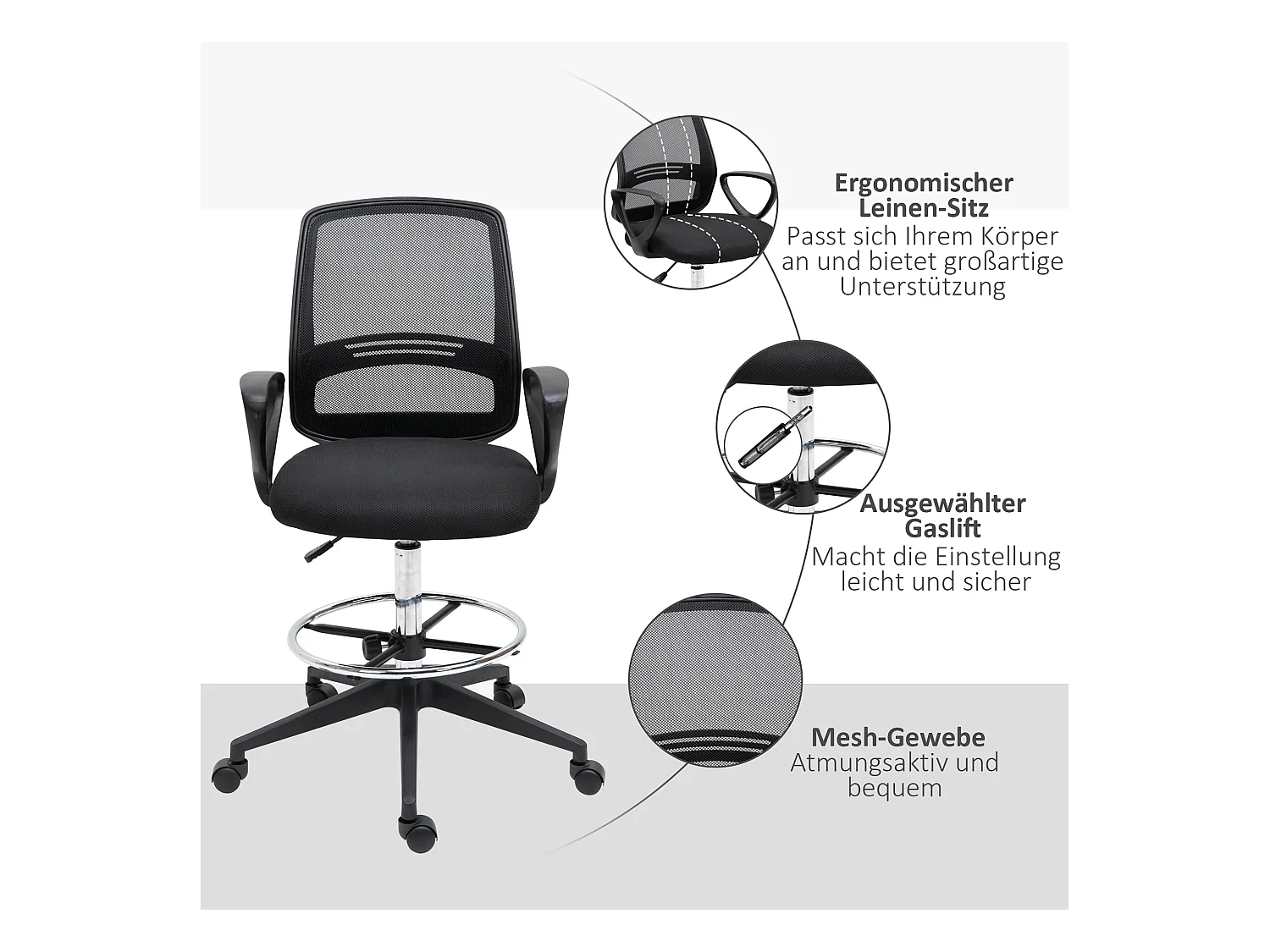 Chaise longue assis-debout ergonomica in metallo con poggiapiedi regolabile scrivania nera 59,5x60x102,5–126cm