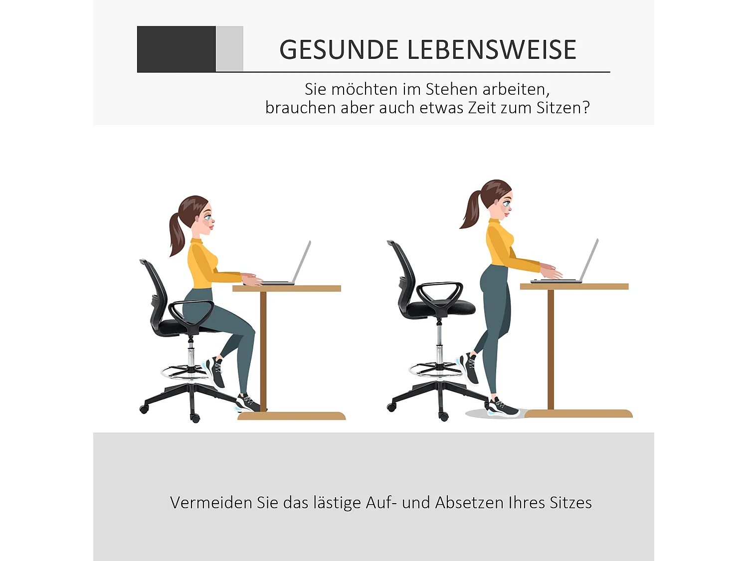 Chaise assis-debout ergonomique métal avec repose-pieds réglable bureau noir 59,5x60x102,5–126cm