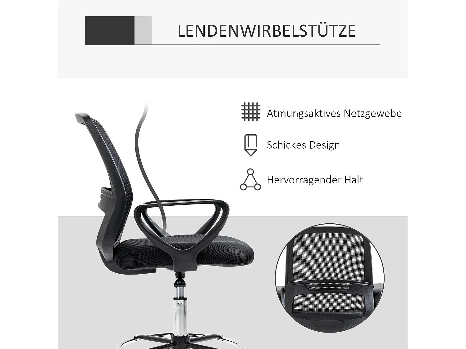 Chaise assis-debout ergonomique métal avec repose-pieds réglable bureau noir 59,5x60x102,5–126cm