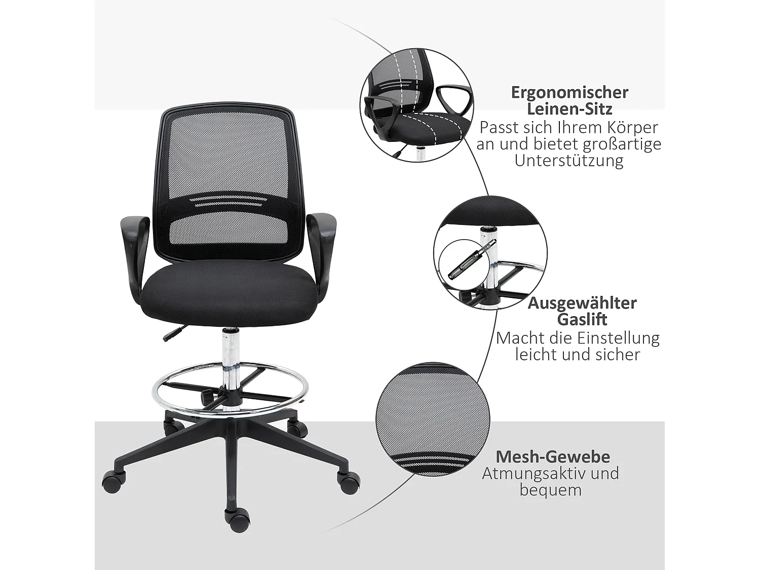 Chaise assis-debout ergonomique métal avec repose-pieds réglable bureau noir 59,5x60x102,5–126cm