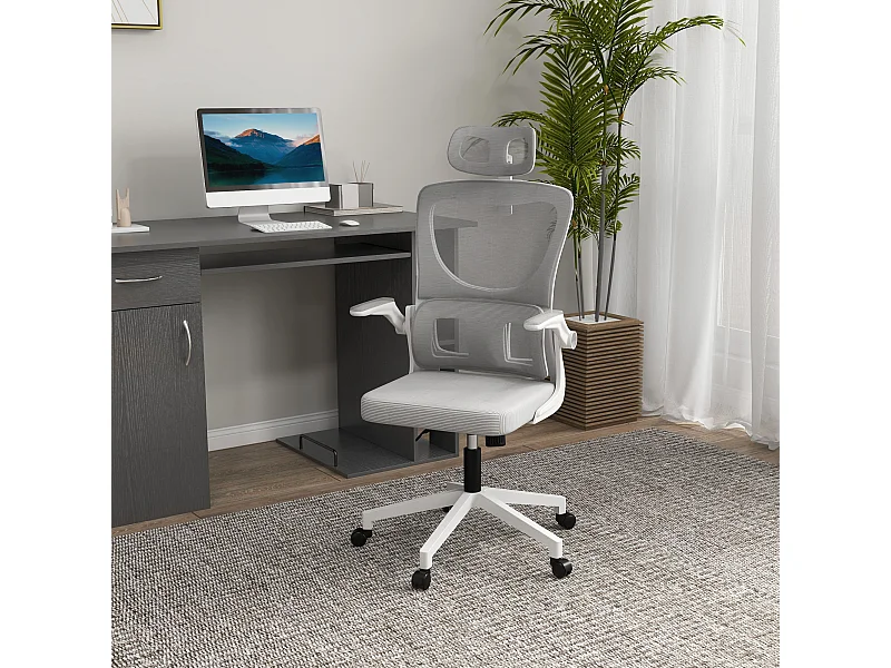 Scrivania ergonomica in rete grigia con comodini, appui-tête, lombaire e alta regolazione