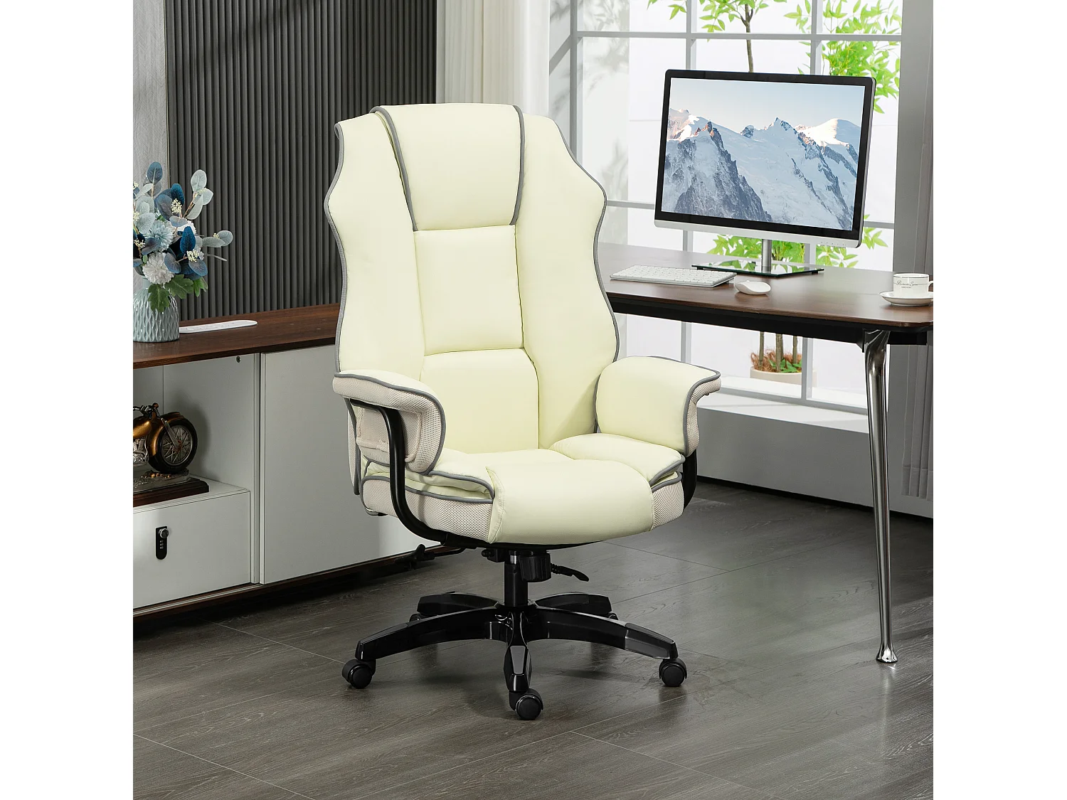 Chaise longue ergonomica color crema con cassetto inclinabile e funzione relax per l'home-office